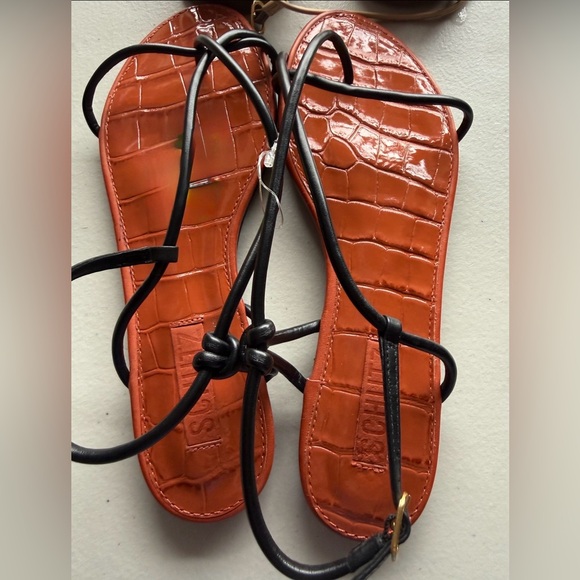 SCHUTZ Strappy Flat Sandals Orange Croc Embossed Lace Up Ankle Wrap Size 7.5 - Picture 5 of 7
